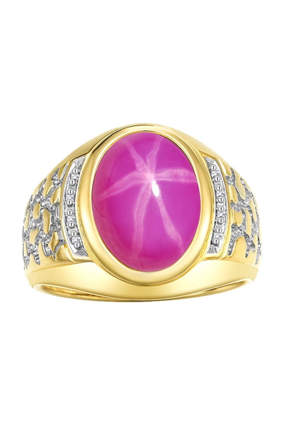 Men's Rings Yellow Gold Plated Silver Nugget Ring with Cabochon Gemstone & Diamonds Star Ruby Rings For Men Size 11