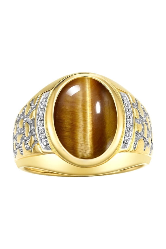 Men's Rings Yellow Gold Plated Silver Nugget Ring with Cabochon Gemstone & Diamonds Tiger Eye Rings For Men Size 10