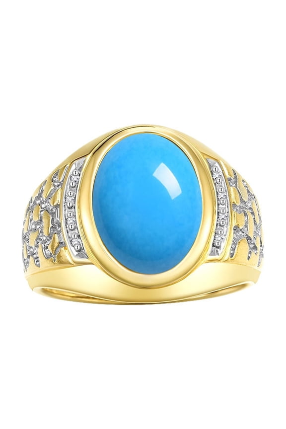 Men's Rings Yellow Gold Plated Silver Nugget Ring with Cabochon Gemstone & Diamonds Turquoise Rings For Men Size 12