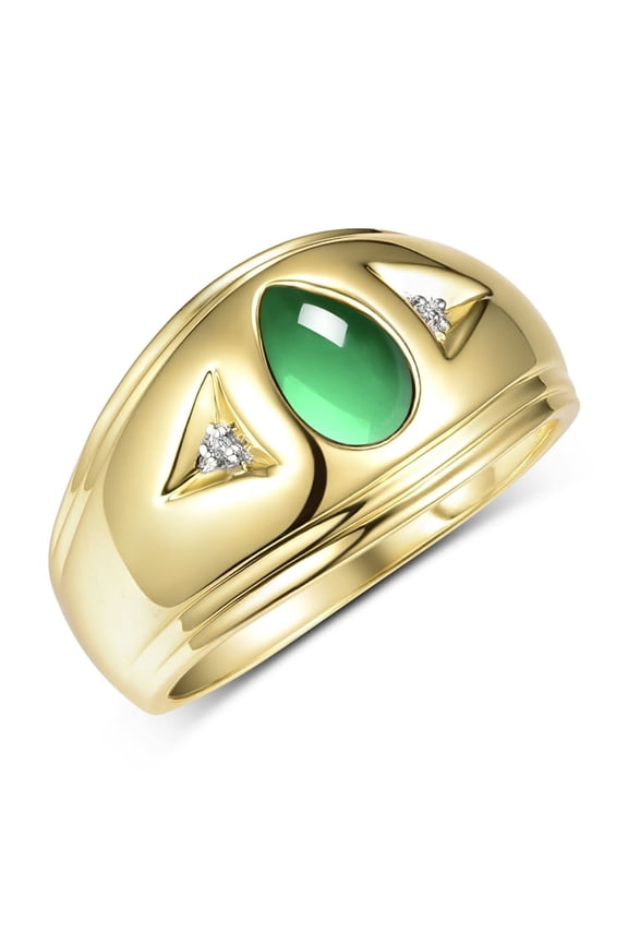 Men's Rings Yellow Gold Plated Silver Pear Tear Drop Cabochon Gemstone & Diamond Ring Cabochon Emerald   Size 11