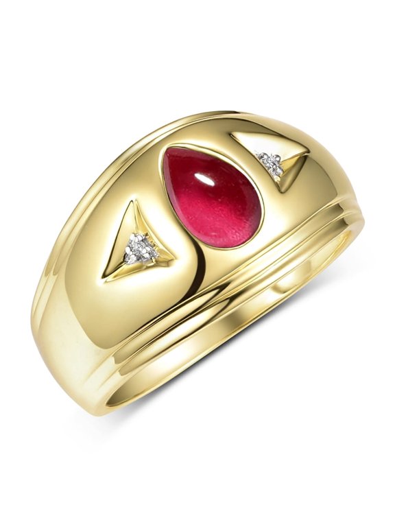 Men's Rings Yellow Gold Plated Silver Pear Tear Drop Cabochon Gemstone & Diamond Ring Cabochon Ruby Size 13