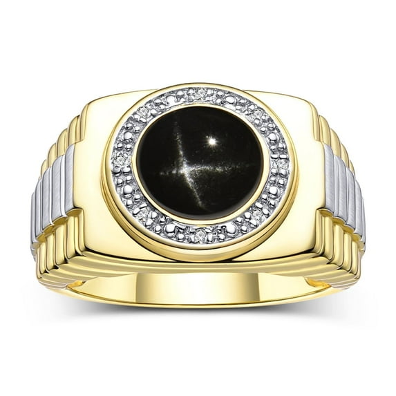 RYLOS Men's Rings Yellow Gold Plated Silver Ring Cabochon Gemstone & Diamonds Designer Style Black Star Sapphire Rings For Men Size 9