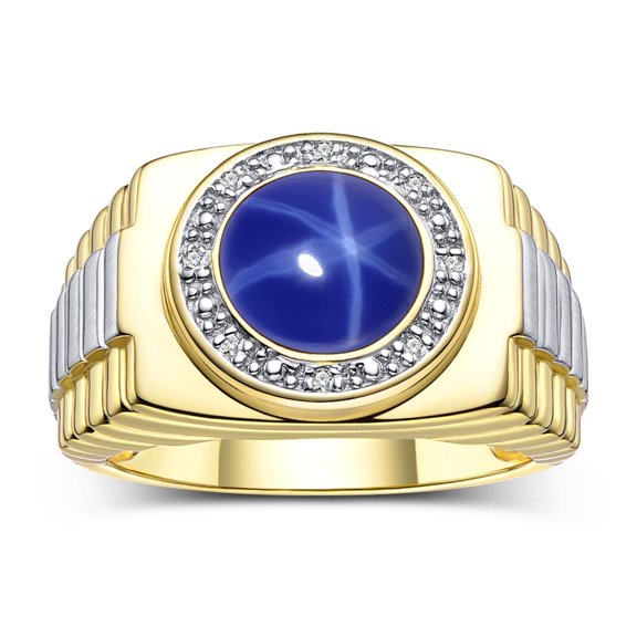 RYLOS Men's Rings Yellow Gold Plated Silver Ring Cabochon Gemstone & Diamonds Designer Style Blue Star Sapphire Rings For Men Size 12