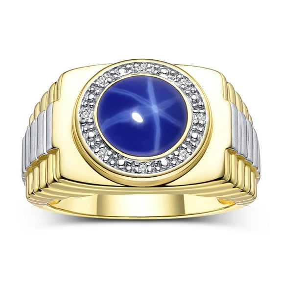 RYLOS Men's Rings Yellow Gold Plated Silver Ring Cabochon Gemstone & Diamonds Designer Style Blue Star Sapphire Rings For Men Size 8