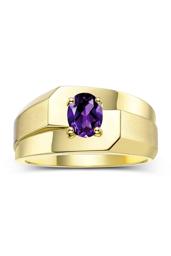 Men's Rings Yellow Gold Plated Silver Ring Classic Solitaire 7X5MM Oval Shape Gemstone Designer Band Amethyst February Birthstone Rings For Men Size 8