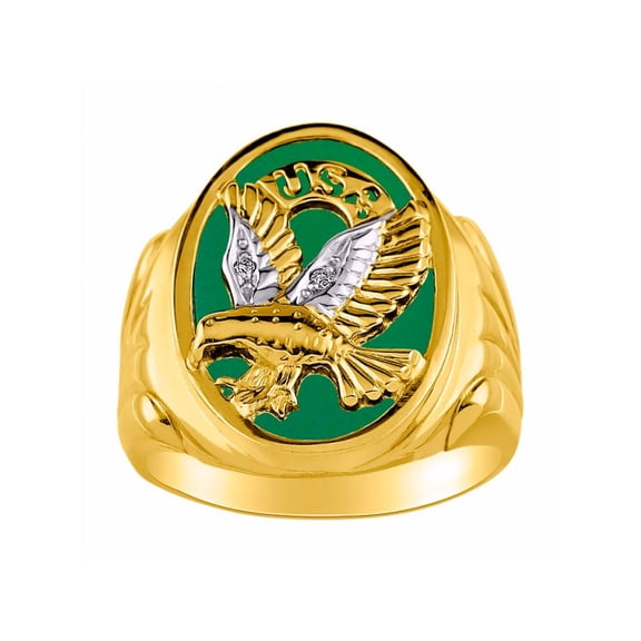 RYLOS Men's Rings Yellow Gold Plated Silver Ring Designer Patriotic Eagle USA Ring With Diamonds and Green Quartz Rings For Men Size 12