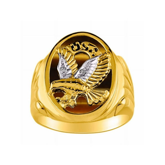 RYLOS Men's Rings Yellow Gold Plated Silver Ring Designer Patriotic Eagle USA Ring With Diamonds and Tiger Eye Rings For Men Size 10