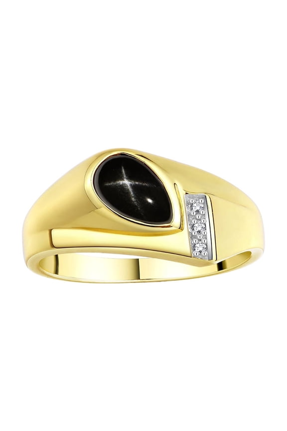 Men's Rings Yellow Gold Plated Silver Ring - Timeless Pear Shape Cabochone Gemstone & Diamonds - Tear Drop Black Star Sapphire Rings For Men  Size 9