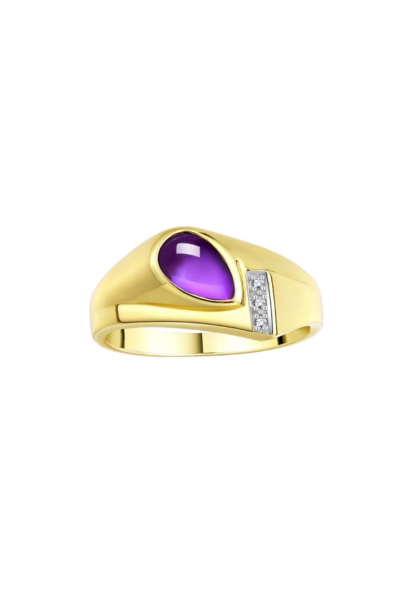 Men's Rings Yellow Gold Plated Silver Ring - Timeless Pear Shape Cabochone Gemstone & Diamonds - Tear Drop Cabochon AMETHYST Rings For Men Size 11