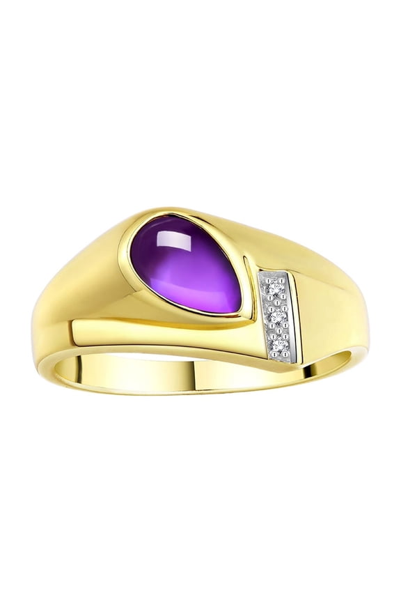 Men's Rings Yellow Gold Plated Silver Ring - Timeless Pear Shape Cabochone Gemstone & Diamonds - Tear Drop Cabochon AMETHYST Rings For Men  Size 8