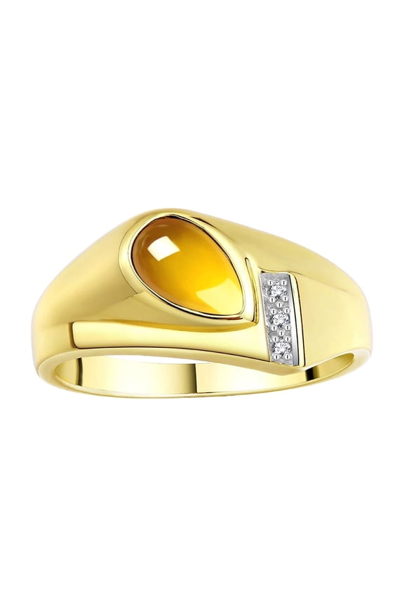 Men's Rings Yellow Gold Plated Silver Ring - Timeless Pear Shape Cabochone Gemstone & Diamonds - Tear Drop Cabochon CITRINE Rings For Men Size 8