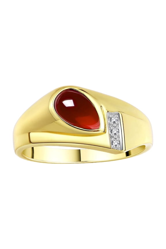Men's Rings Yellow Gold Plated Silver Ring - Timeless Pear Shape Cabochone Gemstone & Diamonds - Tear Drop Cabochon GARNET Rings For Men Size 10