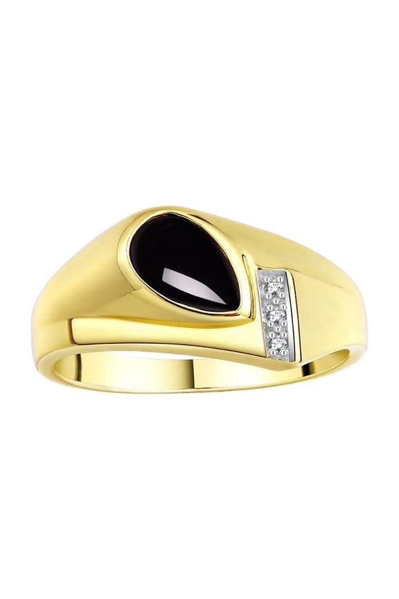 Men's Rings Yellow Gold Plated Silver Ring - Timeless Pear Shape Cabochone Gemstone & Diamonds - Tear Drop Cabochon ONYX 2 Rings For Men Size 8