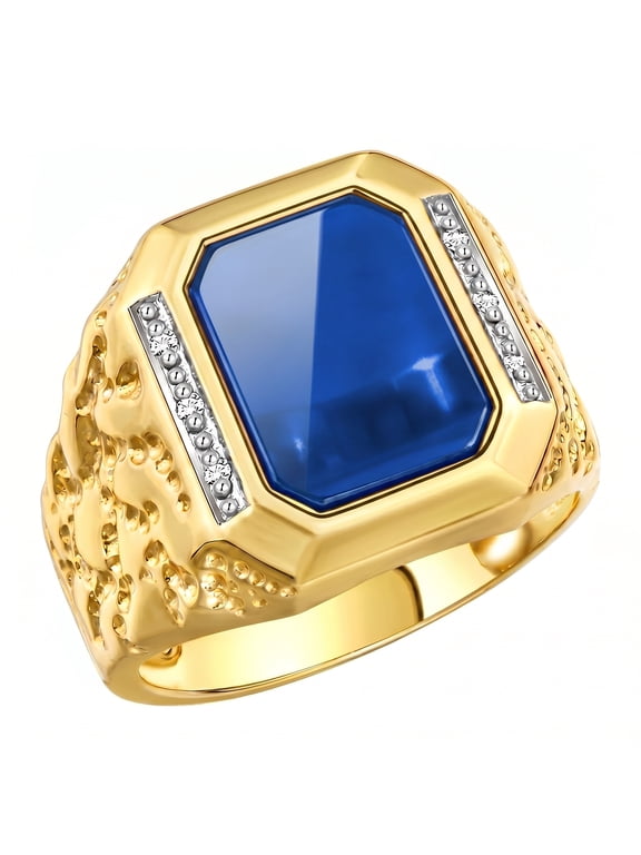Men's Rings Yellow Gold Plated Silver Ring With Diamonds and Blue Quartz Set in Designer Nugget Style Rings For Men Size 13
