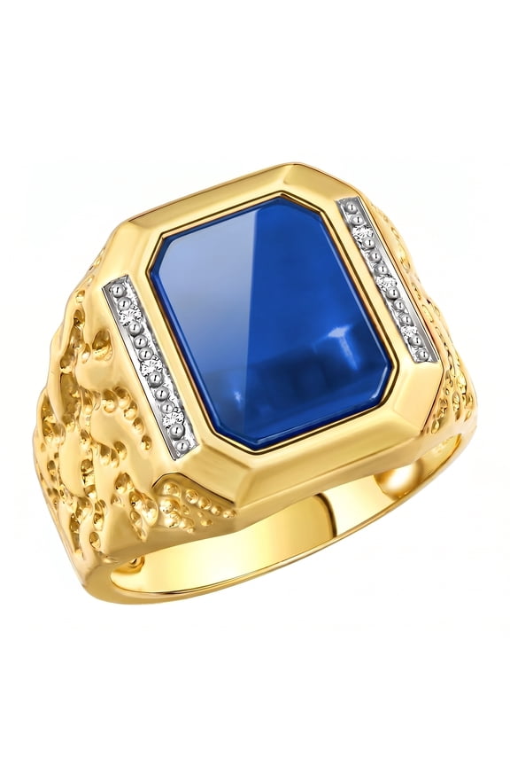 Men's Rings Yellow Gold Plated Silver Ring With Diamonds and Blue Quartz Set in Designer Nugget Style Rings For Men Size 13