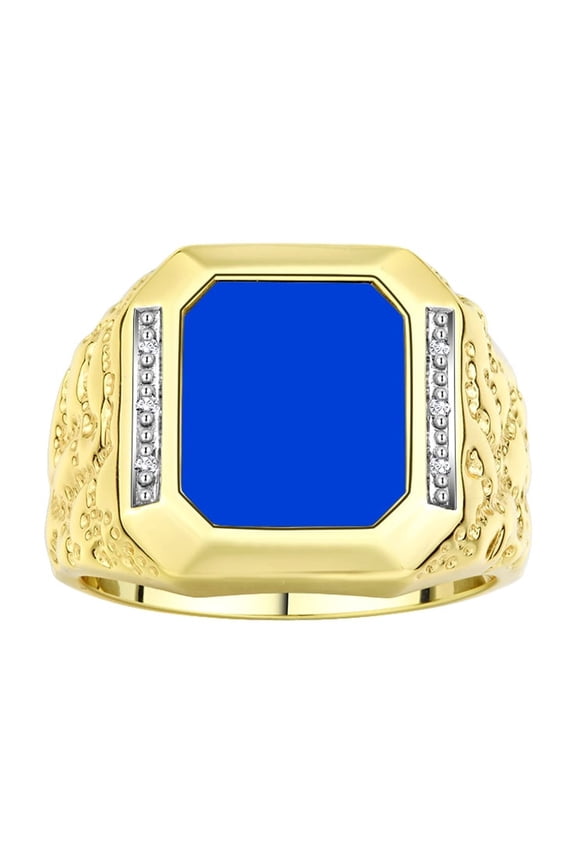 Men's Rings Yellow Gold Plated Silver Ring With Diamonds and Blue Quartz Set in Designer Nugget Style Rings For Men Size 13