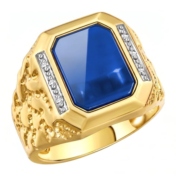 RYLOS Men's Rings Yellow Gold Plated Silver Ring With Diamonds and Blue Quartz Set in Designer Nugget Style Rings For Men Size 8
