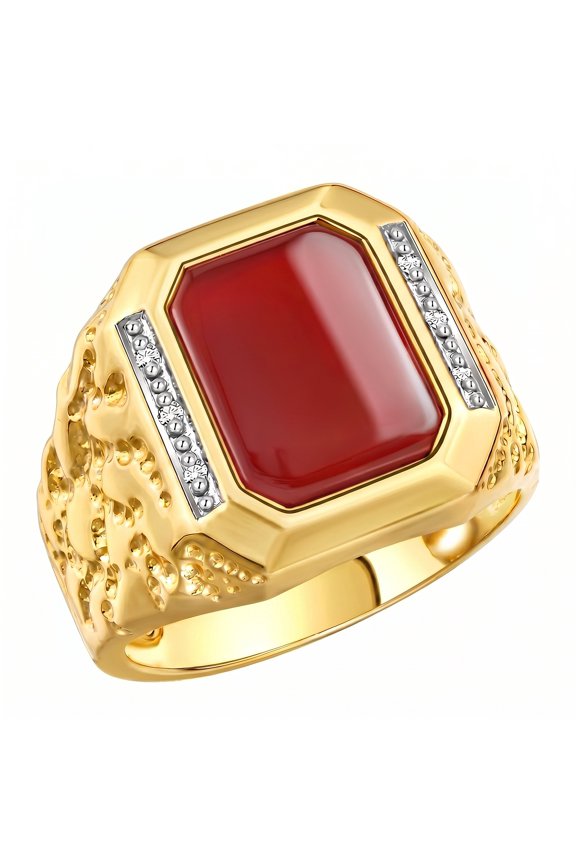 Men's Rings Yellow Gold Plated Silver Ring With Diamonds and RED QUARTZ Set in Designer Nugget Style Rings For Men Size 8