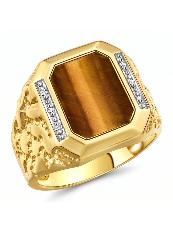 Men's Rings Yellow Gold Plated Silver Ring With Diamonds and TIGER EYE Set in Designer Nugget Style Rings For Men Size 10
