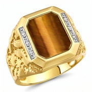 RYLOS Men's Rings Yellow Gold Plated Silver Ring With Diamonds and TIGER EYE Set in Designer Nugget Style Rings For Men Size 12