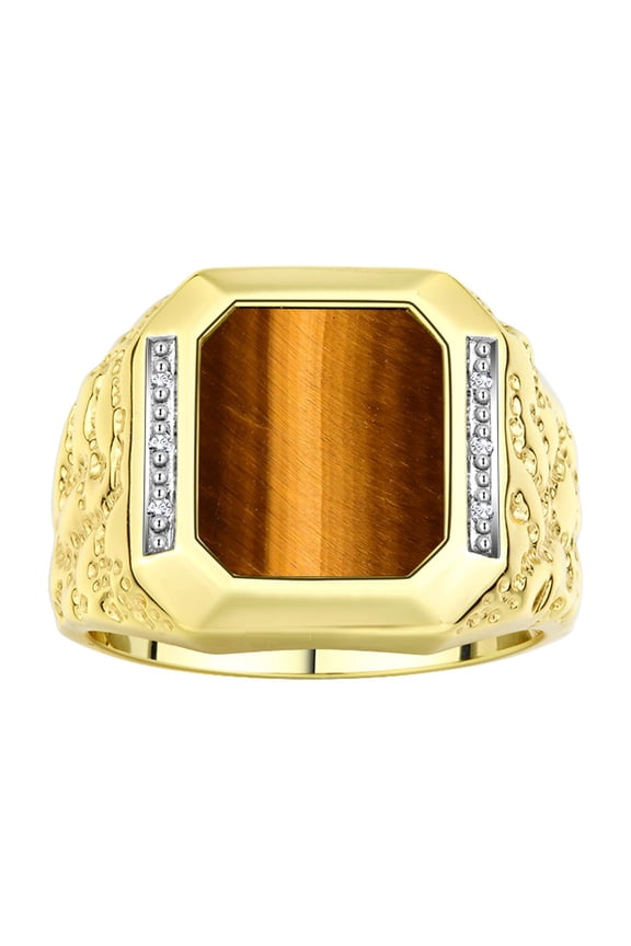 Men's Rings Yellow Gold Plated Silver Ring With Diamonds and TIGER EYE Set in Designer Nugget Style Rings For Men Size 9
