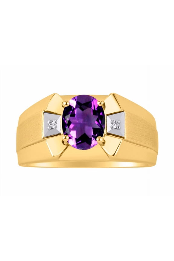 Men's Rings Yellow Gold Plated Silver Rings Classic Designer 9X7MM Gemstone & Diamond Ring Amethyst February Birthstone Ring Size 11