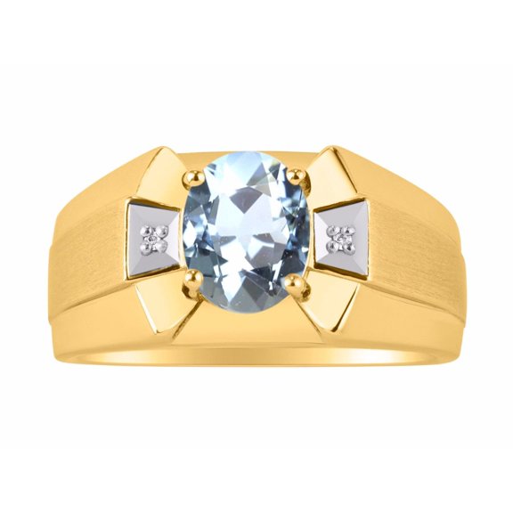 RYLOS Men's Rings Yellow Gold Plated Silver Rings Classic Designer 9X7MM Gemstone & Diamond Ring Aquamarine March Birthstone Ring Size 13