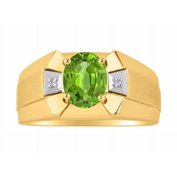 RYLOS Men's Rings Yellow Gold Plated Silver Rings Classic Designer 9X7MM Gemstone & Diamond Ring Peridot August Birthstone Ring Size 10