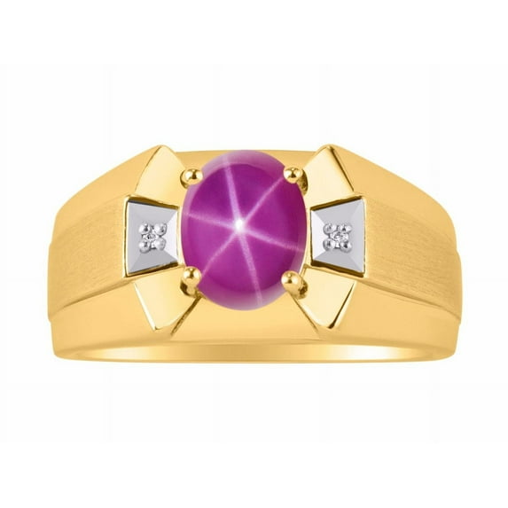RYLOS Men's Rings Yellow Gold Plated Silver Rings Classic Designer 9X7MM Gemstone & Diamond Ring Star Ruby July Birthstone Ring Size 13