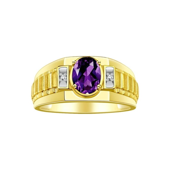 RYLOS Men's Rings Yellow Gold Plated Silver Rings Classic Designer Style 8X6MM Oval Gemstone & Diamond Ring Amethyst Birthstone Rings For Men Size 8