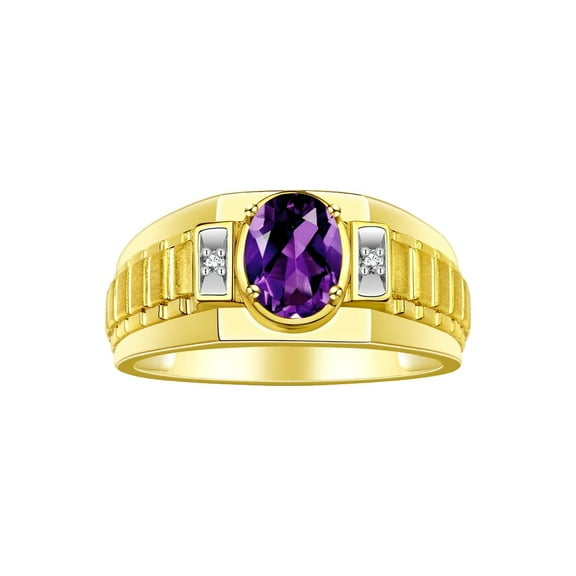 RYLOS Men's Rings Yellow Gold Plated Silver Rings Classic Designer Style 8X6MM Oval Gemstone & Diamond Ring Amethyst Birthstone Rings For Men Size 8