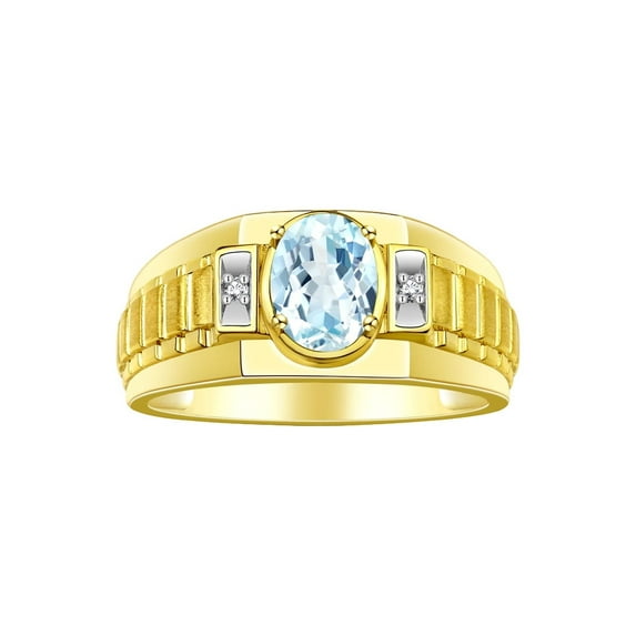 RYLOS Men's Rings Yellow Gold Plated Silver Rings Classic Designer Style 8X6MM Oval Gemstone & Diamond Ring Aquamarine Birthstone Rings For Men Size 10
