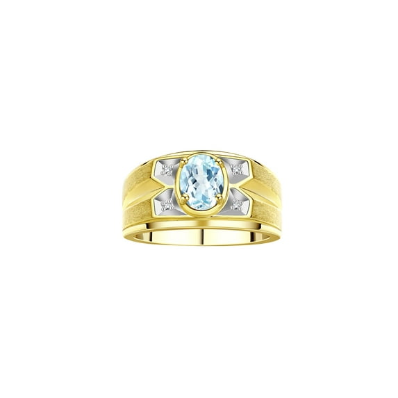 RYLOS Men's Rings Yellow Gold Plated Silver Rings Classic Designer Style 8X6MM Gemstone & Diamond Ring Aquamarine March Birthstone Rings For Men Size 12