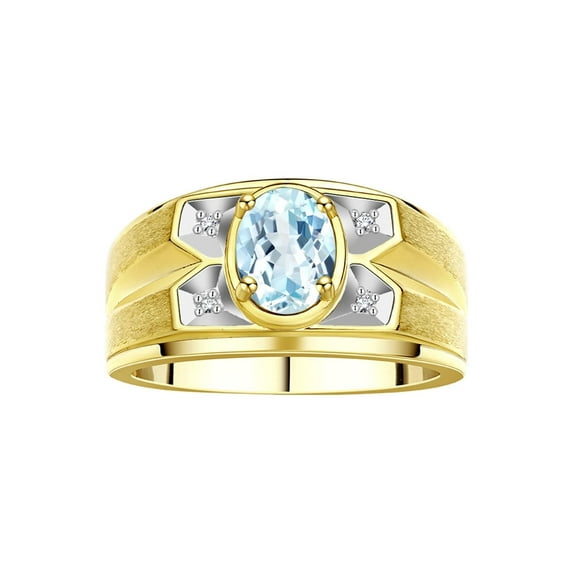 RYLOS Men's Rings Yellow Gold Plated Silver Rings Classic Designer Style 8X6MM Gemstone & Diamond Ring Aquamarine March Birthstone Rings For Men Size 9