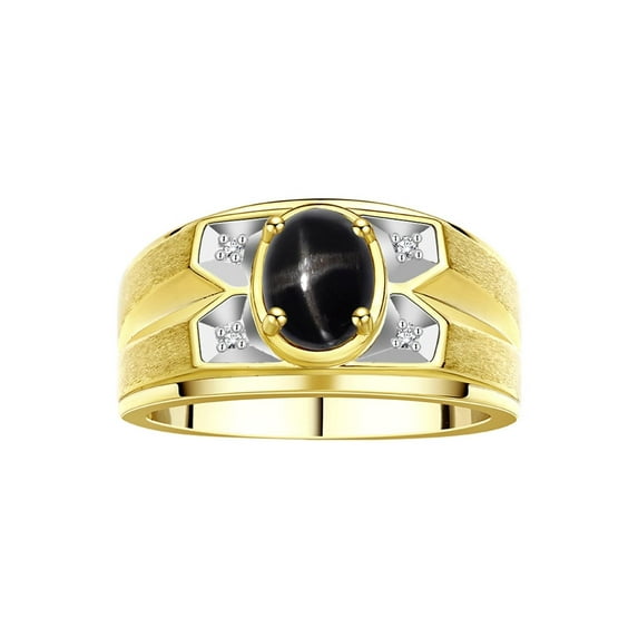 RYLOS Men's Rings Yellow Gold Plated Silver Rings Classic Designer Style 8X6MM Gemstone & Diamond Ring Black Star Sapphire March Birthstone Rings For Men Size 9