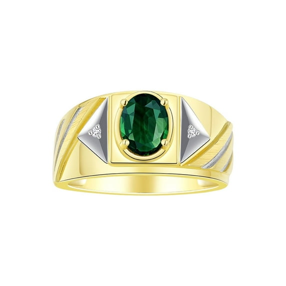 RYLOS Men's Rings Yellow Gold Plated Silver Rings Classic Designer Style 8X6MM Gemstone & Diamond Ring Green Sapphire Birthstone Rings For Men Size 8