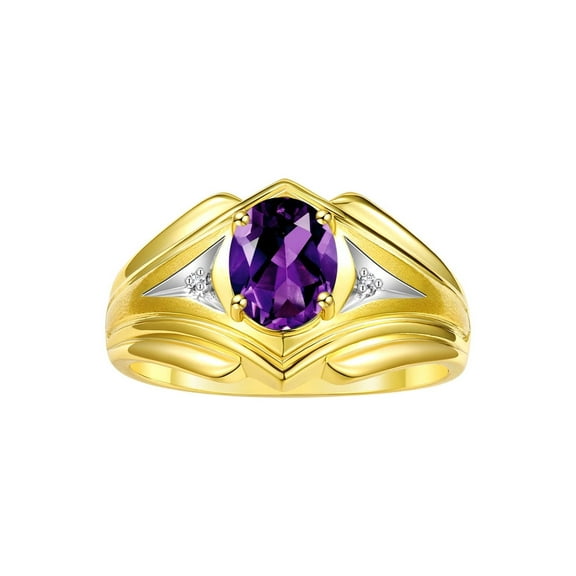 RYLOS Men's Rings Yellow Gold Plated Silver Rings Classic Designer Style 9X7MM Gemstone & Diamond Ring Amethyst February Birthstone Rings For Men Size 8