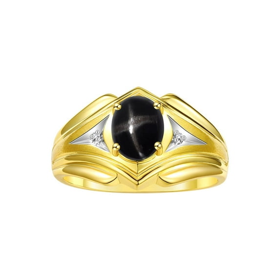 RYLOS Men's Rings Yellow Gold Plated Silver Rings Classic Designer Style 9X7MM Gemstone & Diamond Ring Black Star Sapphire March Birthstone Rings For Men Size 12
