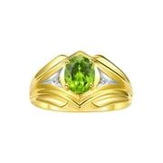 RYLOS Mens Rings Yellow Gold Plated Silver Rings Classic Designer Style 9X7MM Gemstone & Diamond Ring Peridot August Birthstone Rings For Men, Size 9
