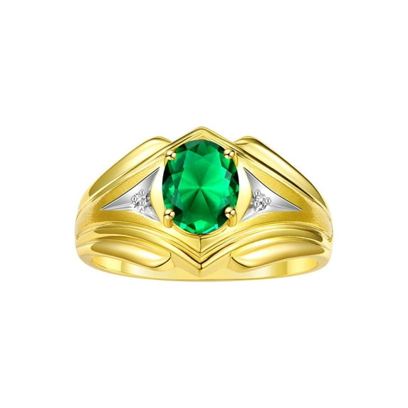 RYLOS Men's Rings Yellow Gold Plated Silver Rings Classic Designer Style 9X7MM Oval Gemstone & Diamond Ring Emerald May Birthstone Rings For Men Size 10