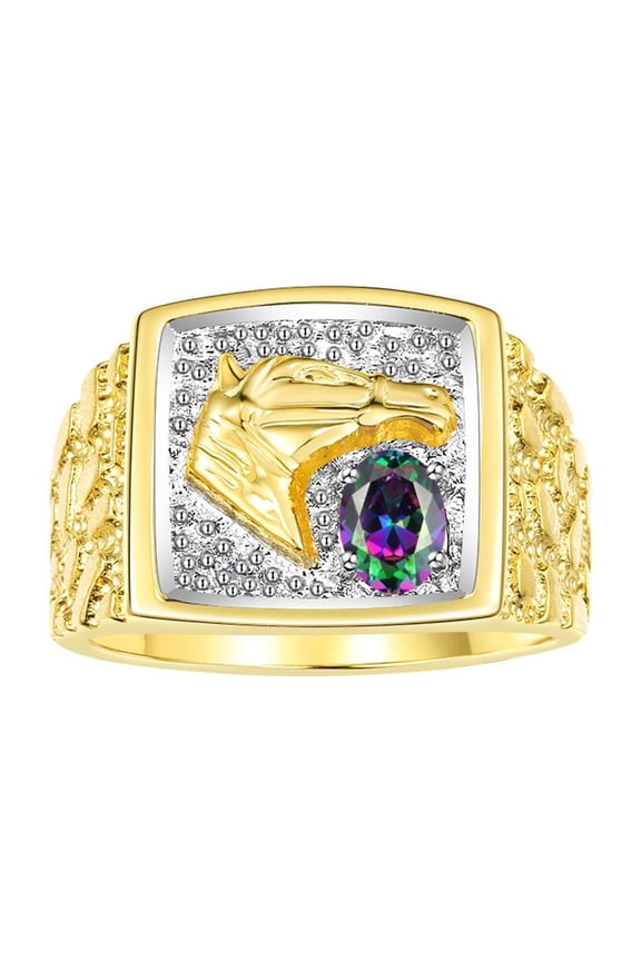 Men's Rings Yellow Gold Plated Silver Rings Lucky Nugget Horse Head 6X4MM Gemstone & Diamond Ring Alexandrite June Birthstone Rings For Men Size 9