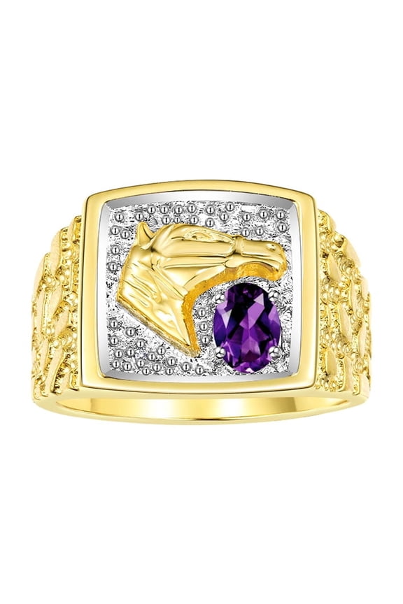 Men's Rings Yellow Gold Plated Silver Rings Lucky Nugget Horse Head 6X4MM Gemstone & Diamond Ring Amethyst February Birthstone Rings For Men Size 10