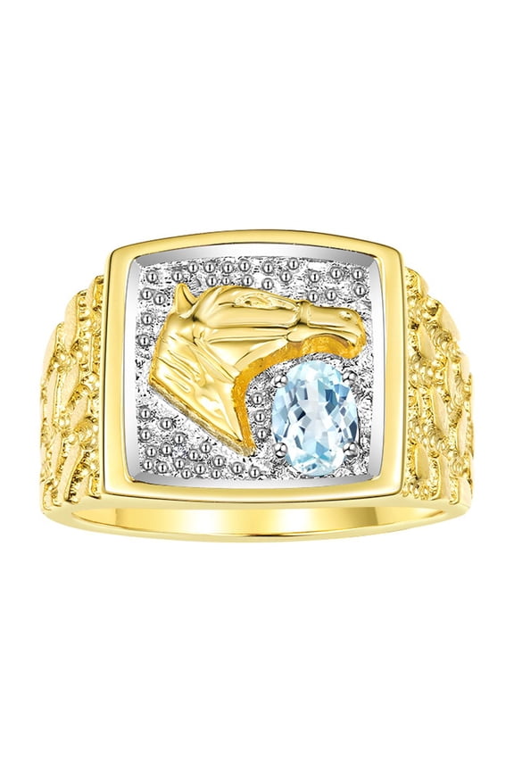 Men's Rings Yellow Gold Plated Silver Rings Lucky Nugget Horse Head 6X4MM Gemstone & Diamond Ring Aquamarine March Birthstone Rings For Men Size 13