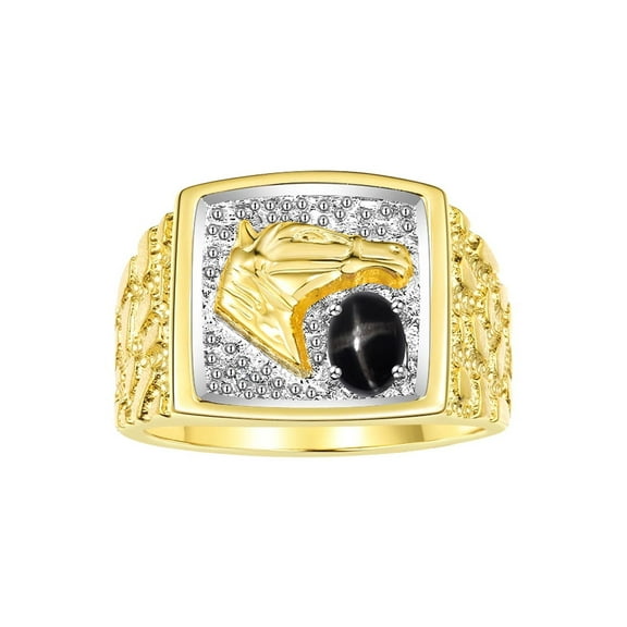 RYLOS Men's Rings Yellow Gold Plated Silver Rings Lucky Nugget Horse Head 6X4MM Gemstone & Diamond Ring Black Star Sapphire Birthstone Rings For Men Size 9