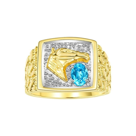 RYLOS Men's Rings Yellow Gold Plated Silver Rings Lucky Nugget Horse Head 6X4MM Gemstone & Diamond Ring Blue Topaz December Birthstone Rings For Men Size 8