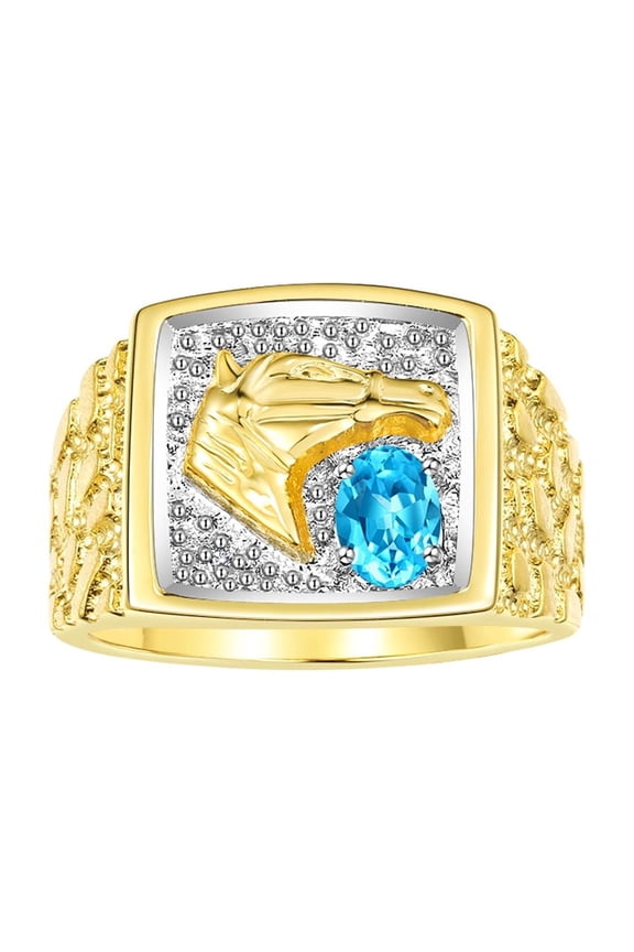 Men's Rings Yellow Gold Plated Silver Rings Lucky Nugget Horse Head 6X4MM Gemstone & Diamond Ring Blue Topaz December Birthstone Rings For Men Size 9