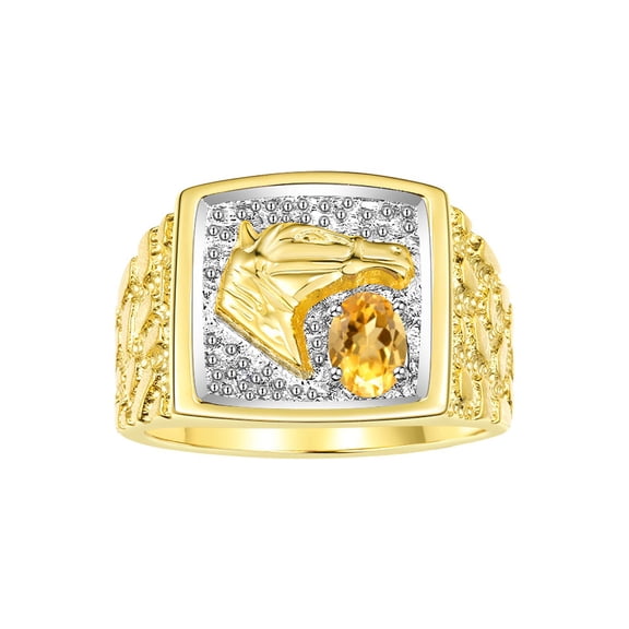 RYLOS Men's Rings Yellow Gold Plated Silver Rings Lucky Nugget Horse Head 6X4MM Gemstone & Diamond Ring Citrine November Birthstone Rings For Men Size 10