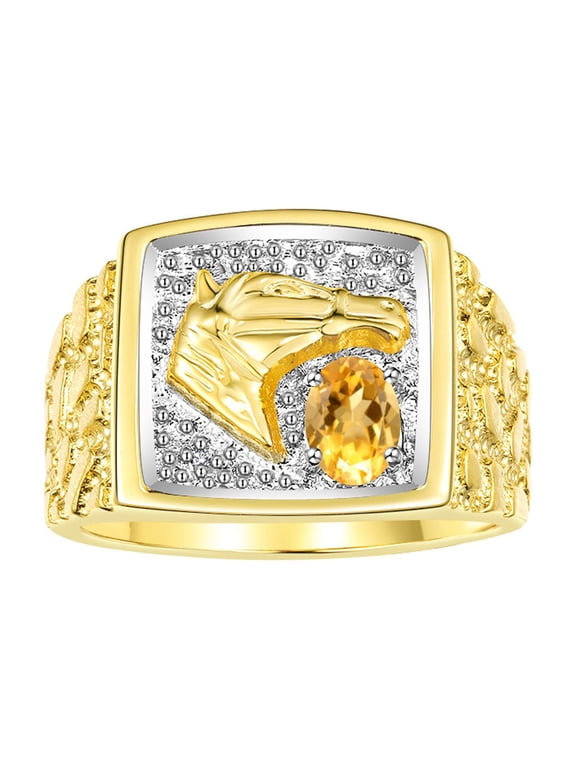Men's Rings Yellow Gold Plated Silver Rings Lucky Nugget Horse Head 6X4MM Gemstone & Diamond Ring Citrine November Birthstone Rings For Men Size 10