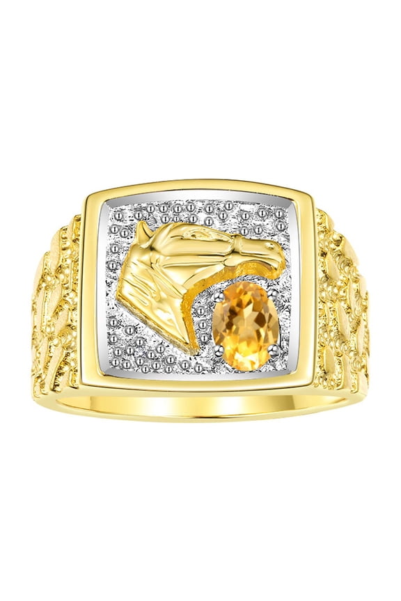 Men's Rings Yellow Gold Plated Silver Rings Lucky Nugget Horse Head 6X4MM Gemstone & Diamond Ring Citrine November Birthstone Rings For Men Size 8