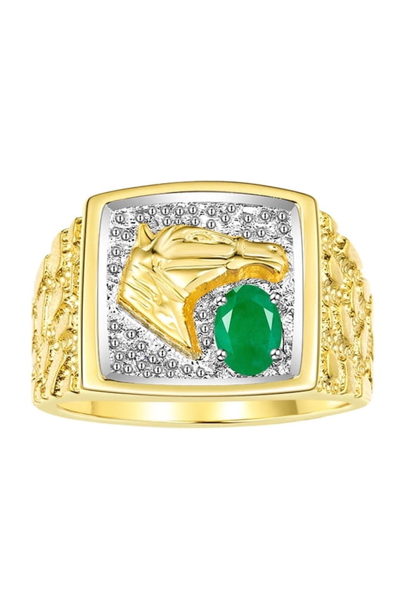 Men's Rings Yellow Gold Plated Silver Rings Lucky Nugget Horse Head 6X4MM Gemstone & Diamond Ring Emerald May Birthstone Rings For Men Size 13